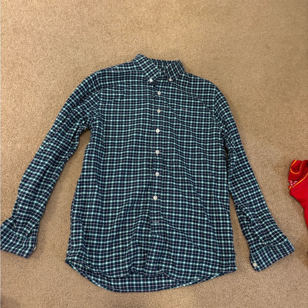 Vineyard Vines Men's Blue and Green Checkered Shirt